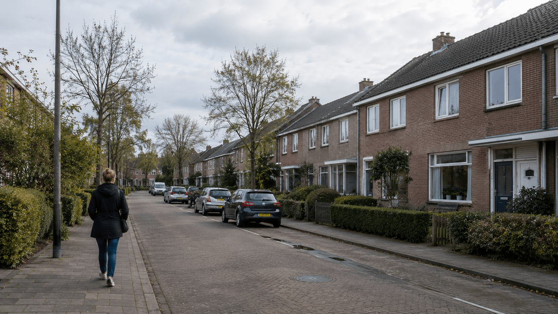 Vrouw loopt over het trottoir in een Nederlandse woonstraat